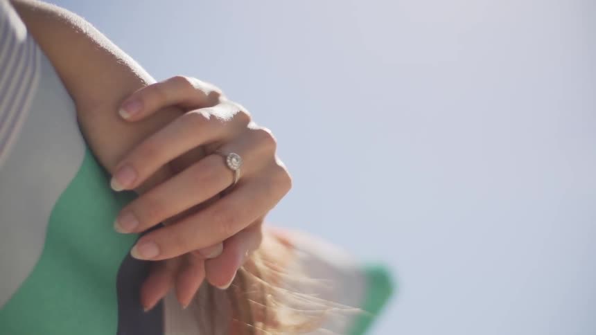 Person holding her hands together, with one finger wearing a ring