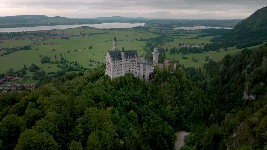Aerial view of neuschwanstein castle on a forested hill with a distant lake