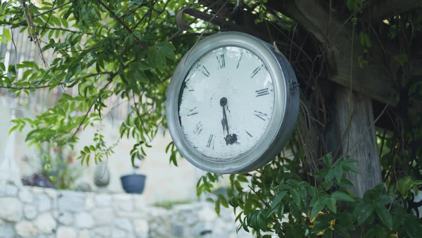 A round doublesided framed outdoor clock with roman numerals hangs from a metal bracket on a wooden post surrounded by green leaves with a tiered stone wall and potted plants visible in the background