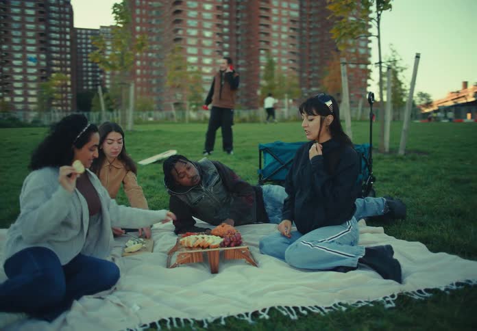 The video features a group of people having a picnic on a blanket in a grassy urban park four people are gathered around a small platter of snacks with tall residential buildings visible in the background
