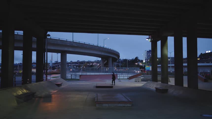 A solitary silhouette of a person on a skateboard is visible in the center of an empty dimly lit skatepark under a freeway overpass at dusk with the elevated concrete road curving in the background against the dark blue sky