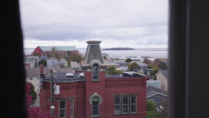 Homes line the shore on a cloudy day