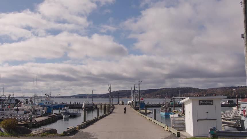 A man skateboards on a pier