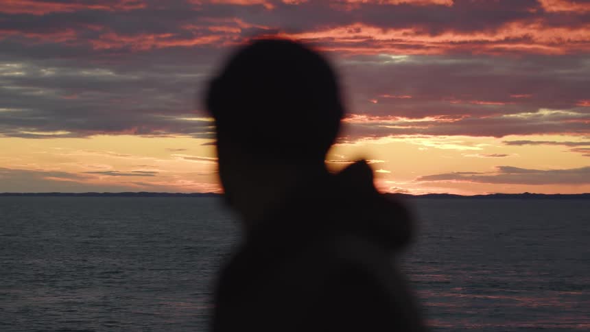 A man looks out at the sunset