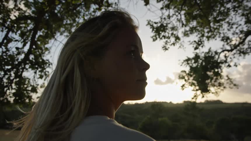 A person with blonde hair looks towards a sunset framed by tree branches
