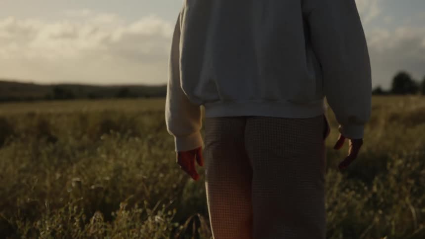 A woman walks through a field