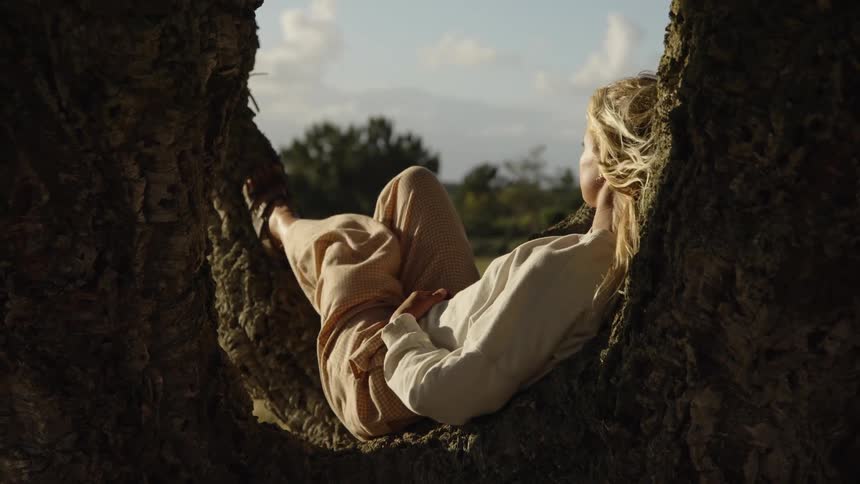 A person sits cradled between two tree trunks their legs are drawn up they look outward toward a landscape the background shows trees and a hillside under the sky and sunlight falls upon the person