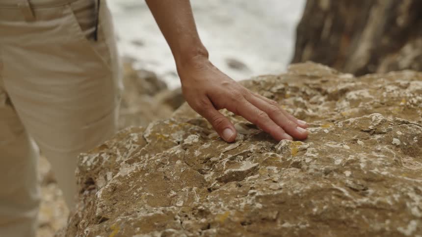 A closeup shot focuses on a persons hand gently touching a rough textured brown and tan rock formation the person is wearing khaki or beige trousers and the blurred background suggests a natural outdoor environment possibly a coastline or c