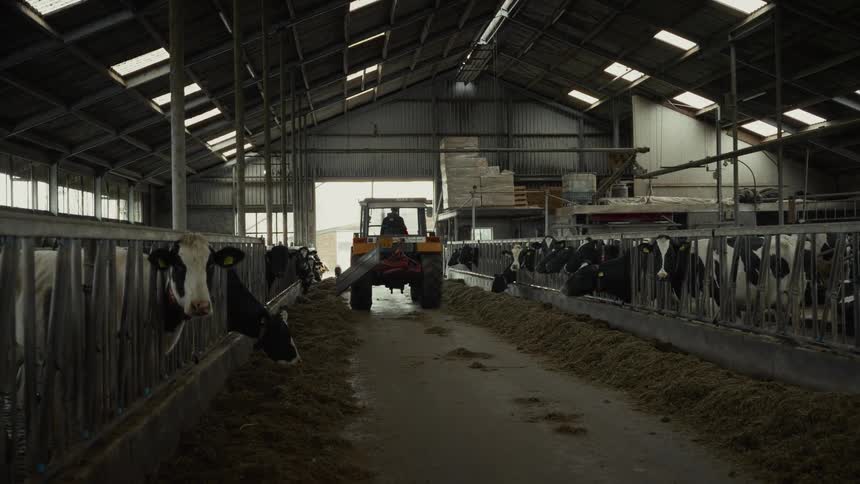 The farmer drives the tractor through the barn feeding all the cows