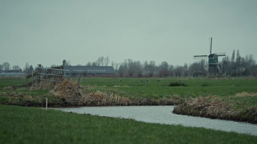The video is an extreme long shot showing a small stream or canal flowing through a flat green field in the background there is a traditional dark green windmill set against a misty overcast sky