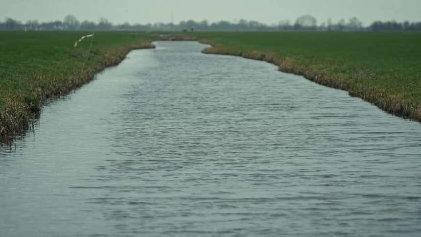 A river winds through a grassland at midday its surface rippling in the breeze