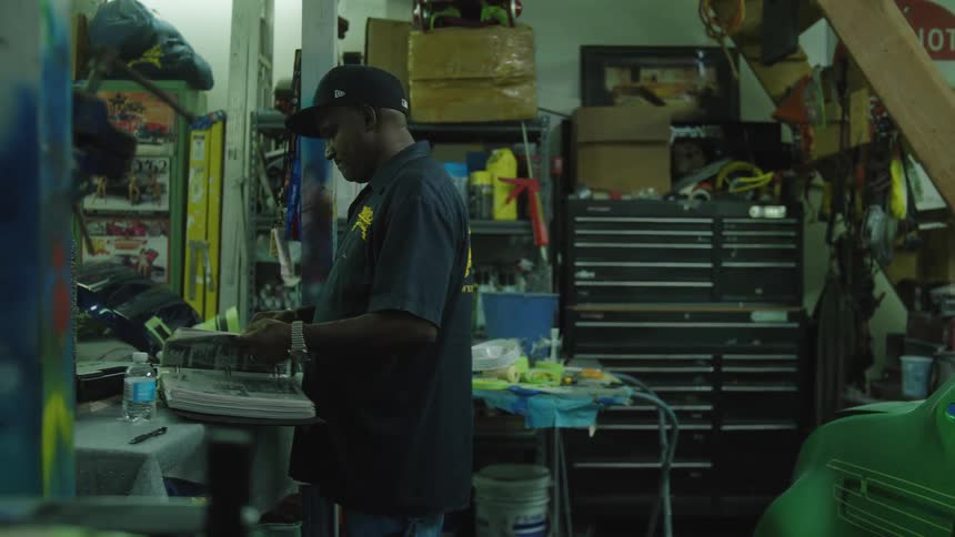 The mechanic is flipping through a book in the garage