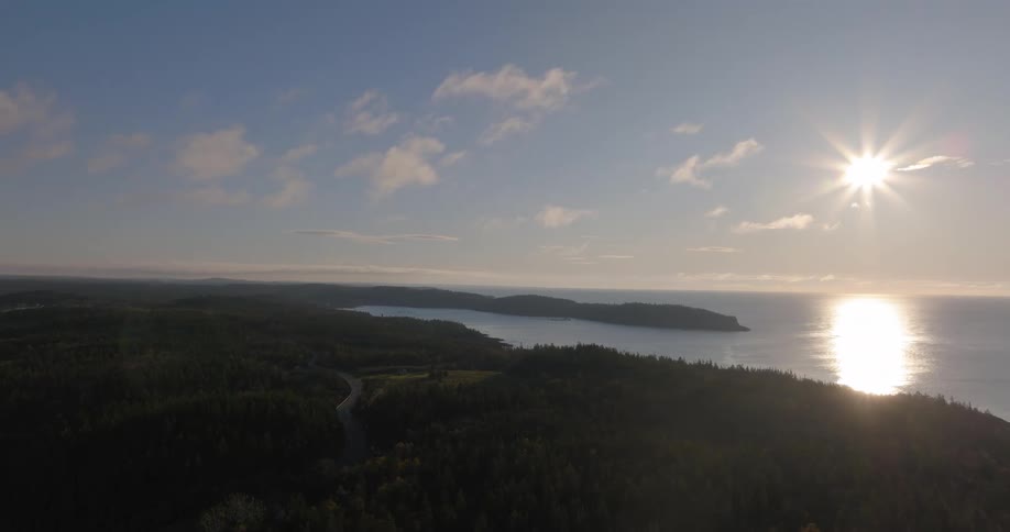 Sun reflecting over the sea beside a forested coastline seen from above