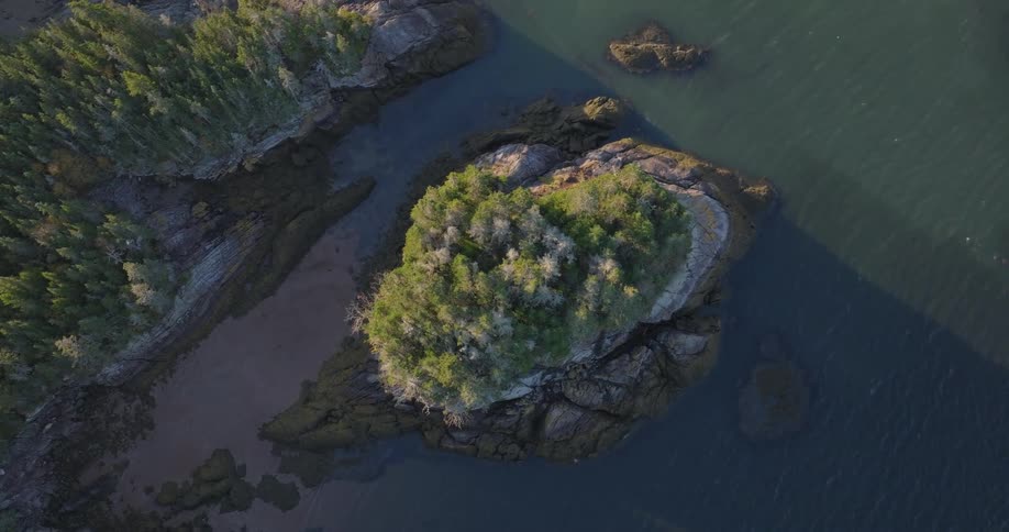 The video is an aerial shot looking down at a small rocky island or peninsula covered in dense green trees the island is surrounded by dark still ocean water with some rocky shoreline and shallow areas visible near the edges