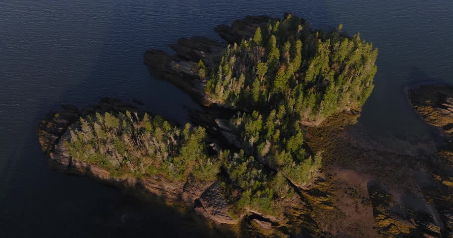 The video features an aerial drone shot of a small rocky islet covered densely with evergreen trees likely off a coastal area the islet is surrounded by the deep blue ocean and rugged shoreline with areas of exposed mud or tide flats visib