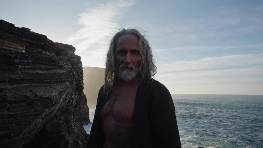 An old man with long hair and tattoos looking dramatically with rocks and the sea water behind him