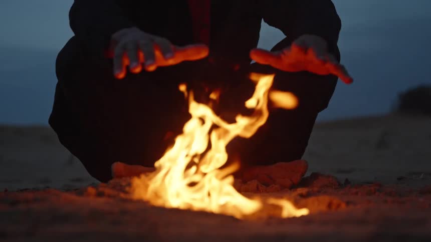A person sits near a small flame rising from the ground the person puts both hands over the fire for warmth and the surrounding environment is dark under a fading sky