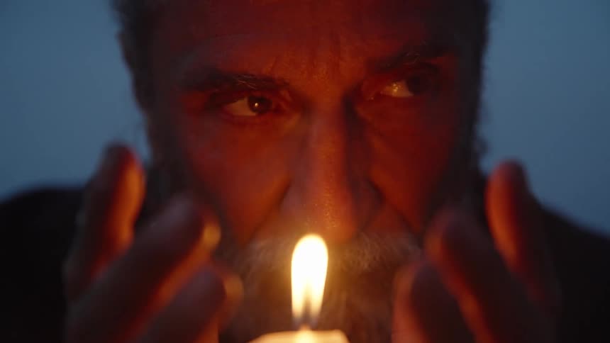 Man with hands on a lit candle