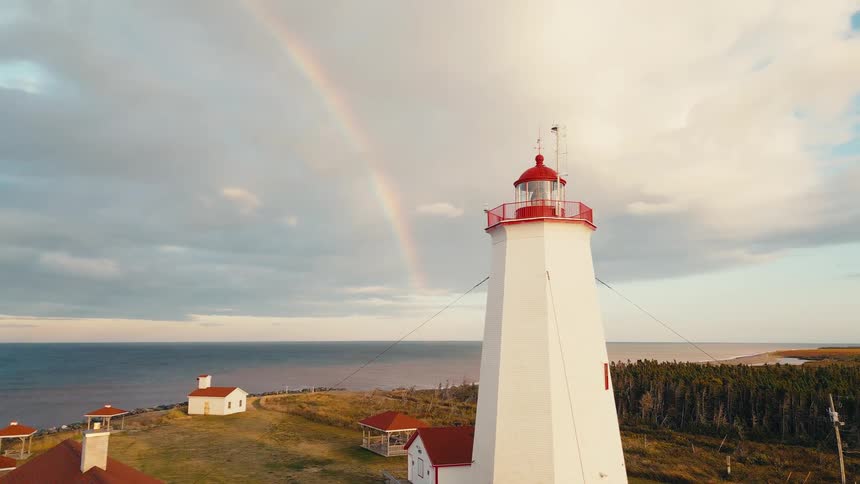An aerial medium view shows a tall white lighthouse with a red top standing on a grassy bluff overlooking the blue ocean with a full rainbow arcing across the dramatic partially cloudy sky