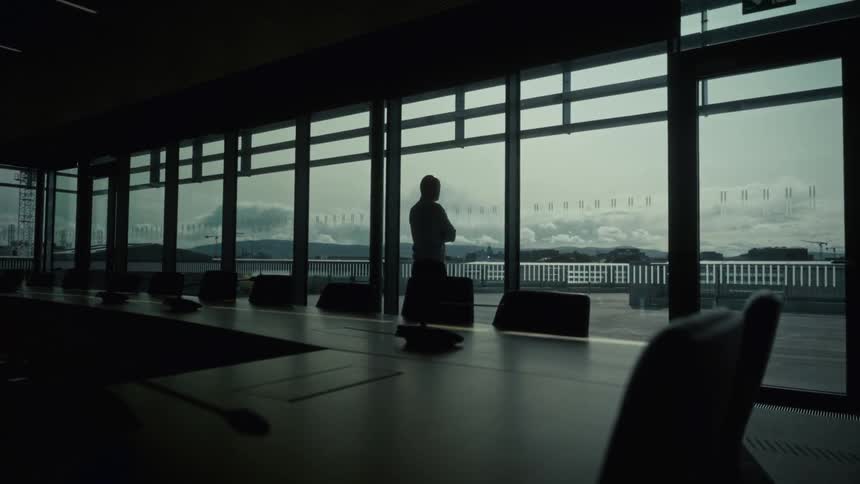 A person stands in silhouette looking out a wide wall of windows arms crossed the foreground dominated by a long conference table and empty chairs the distant view featuring buildings and a hazy sky