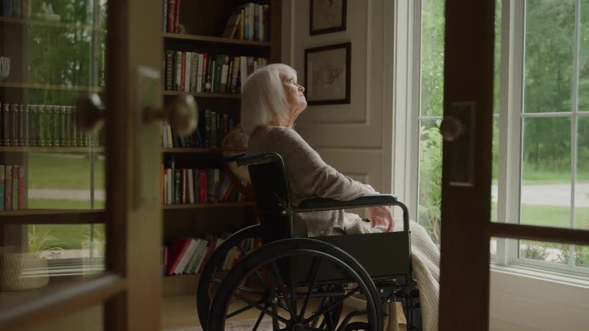The video shows an elderly woman with white hair sitting in a wheelchair indoors looking out a large window into a lush green overcast outdoor settingshe is positioned between a tall bookshelf and the window suggesting a peaceful moment of