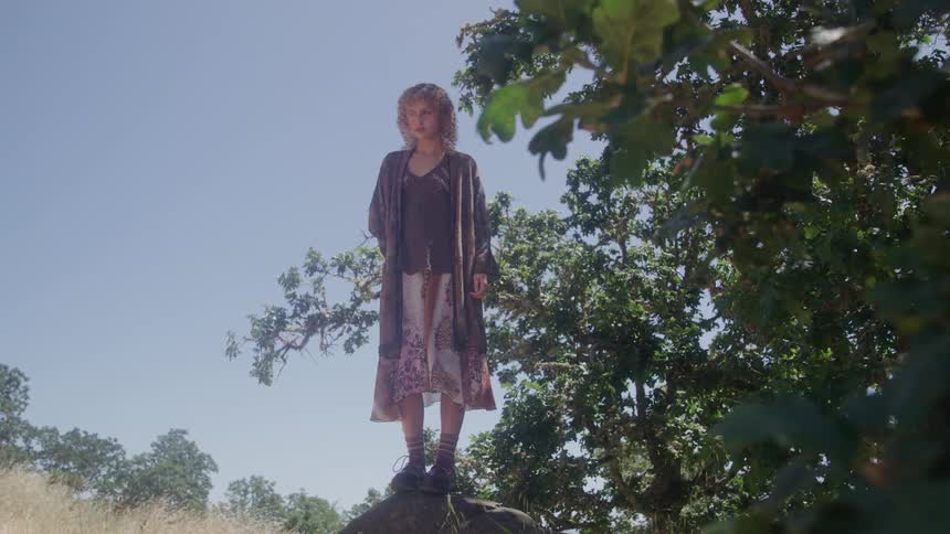 A woman with short light hair stands still on top of a single rock in a dry field wears a long patterned dress and open sweater and is framed by green leaves against a pale blue sky