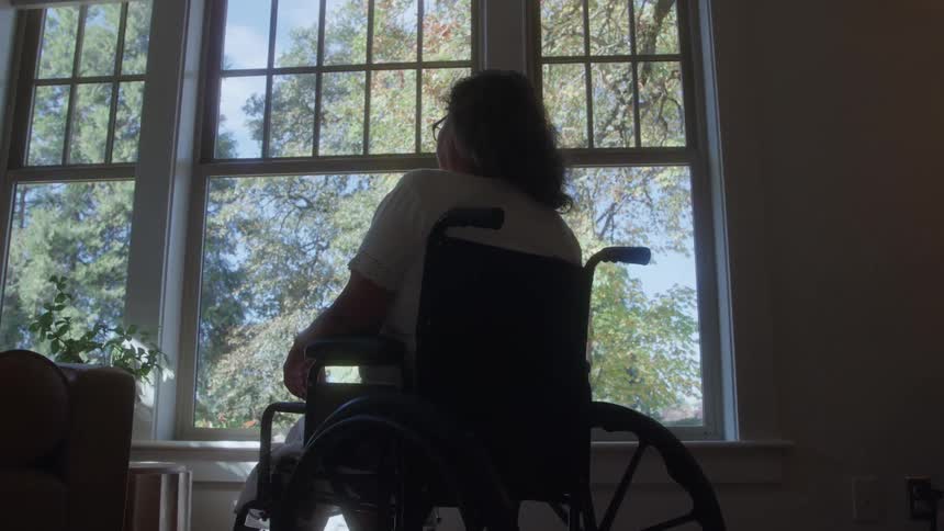 The video is a lowangle wide shot of a woman in a wheelchair looking out a large multipane windowshe is mostly silhouetted against the bright exterior suggesting a feeling of confinement or contemplative waiting