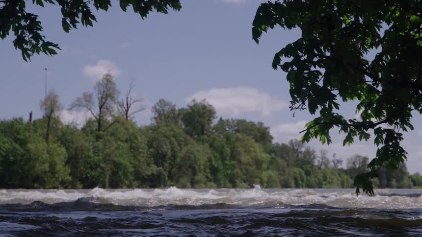 Whitewater rapids flow through a river with green trees and blue sky