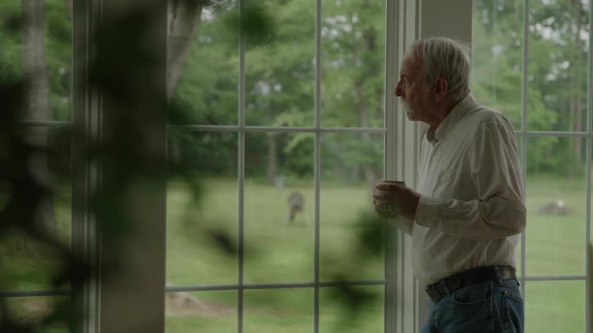 An elderly man stands next to a large window while looking outside