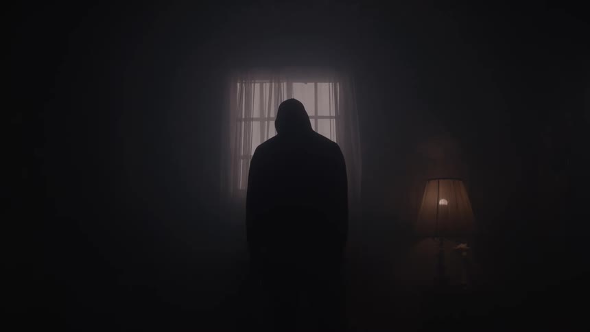 The video shows a dark figure standing alone in a dimly lit room silhouetted against a bright square window in the centerthe overall mood is one of mystery and isolation with the only other visible object being a lamp to the right