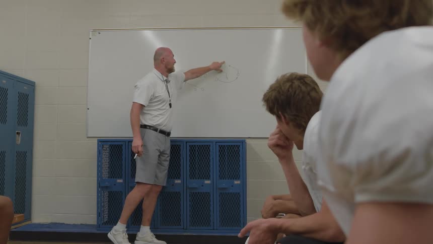 The couch is talking with his team in the locker room