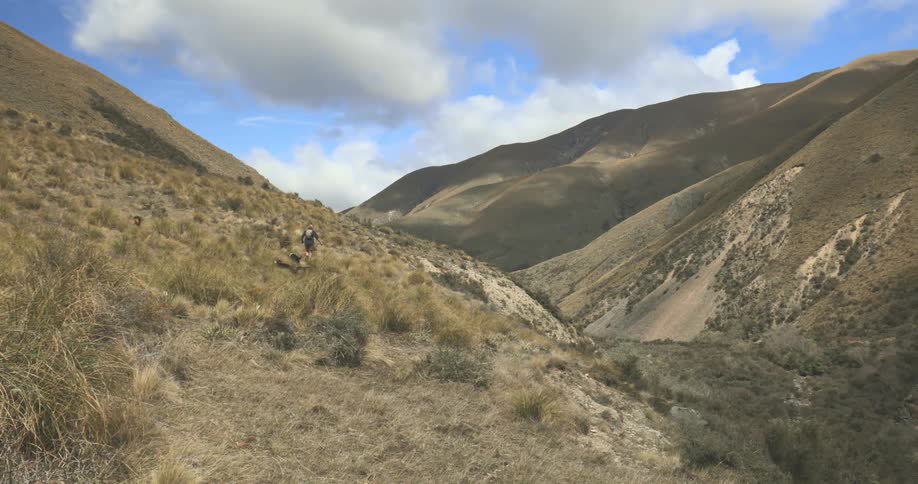 Man and two dogs walk along a trail in dry mountainous terrain under a partly cloudy sky