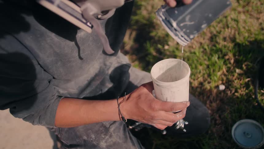 Person pours light liquid from black container into white cup while in grassy area with sunlight