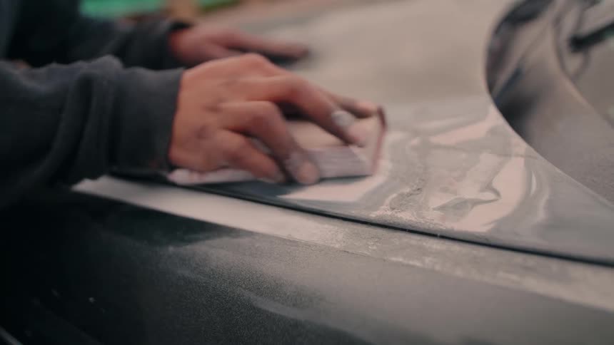Man sands the hood of a car on an autumn day