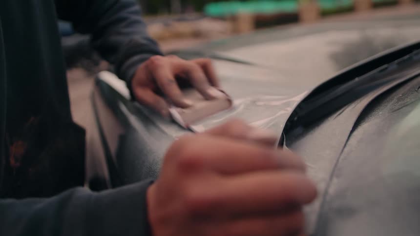 Dustcovered hands sand dark vehicle hood in outdoor setting with blurred construction materials in the background