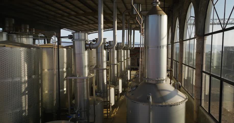 The factory is full of metal silos