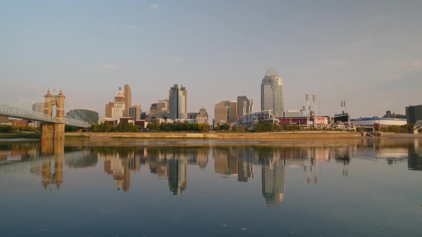 Cincinnati city skyline over the ohio river in the morning