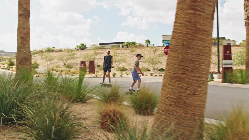Two young men ride skateboards along a sunny street lined with palm trees
