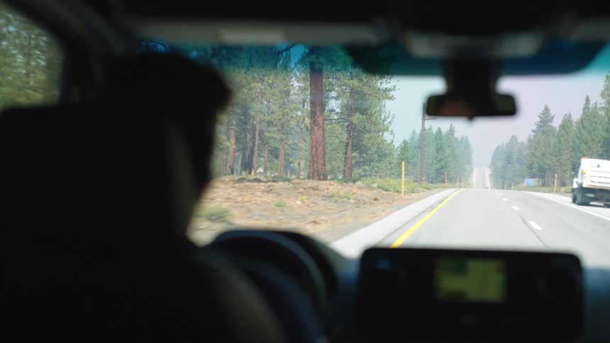A person drives a car on a lonely countryside road during a road trip with trees lining both sides of the road