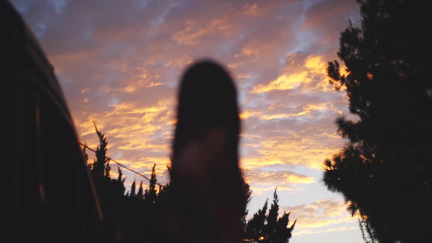 A woman is standing outside in a forest with thick clouds overhead
