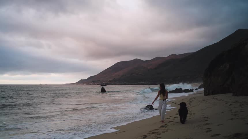A woman walks her dog on a sandy beach at dusk
