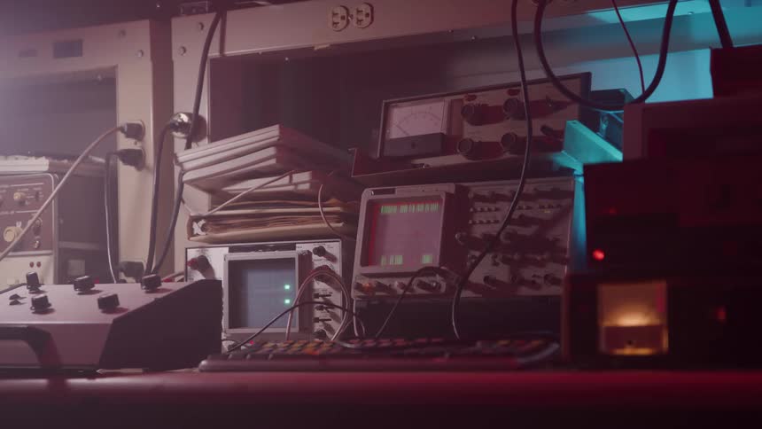 A dimly lit workbench is cluttered with vintage electronics wires and a glowing green oscilloscope screen in a hazy atmospheric room