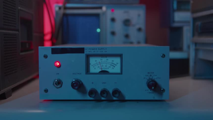 A person turns a knob on an old piece of equipment and a light comes on