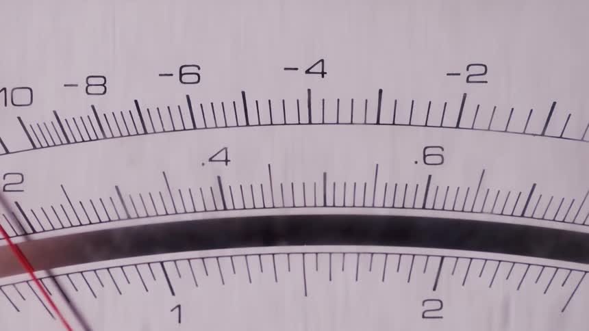 Close up of a red needle moving back and forth on a scale
