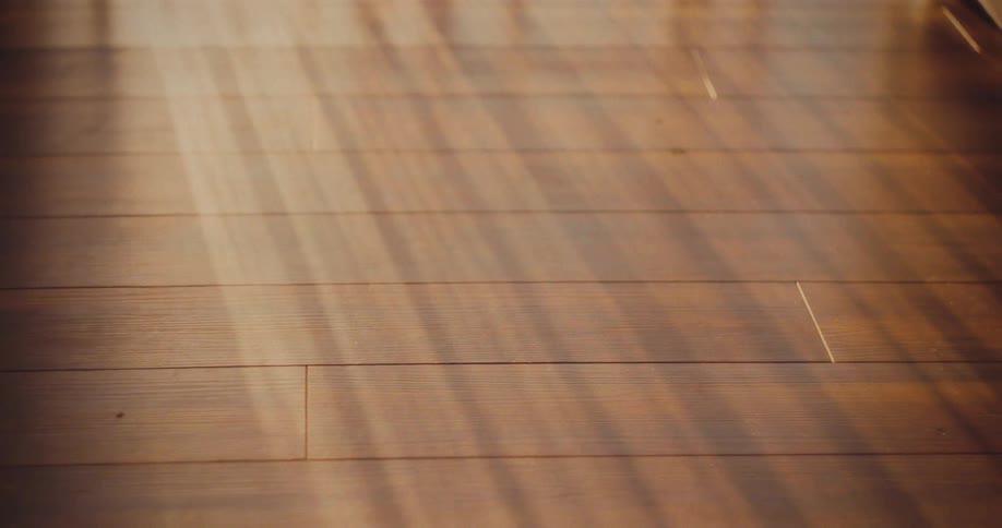 Bare feet walk across a wooden floor bright light casts straight shadows across the floorboards and the feet move out of the shot