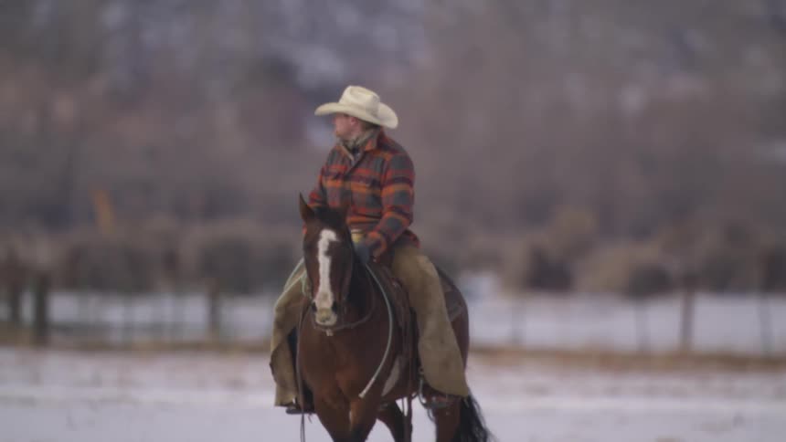 A cowboy is riding a horse across a snowy field