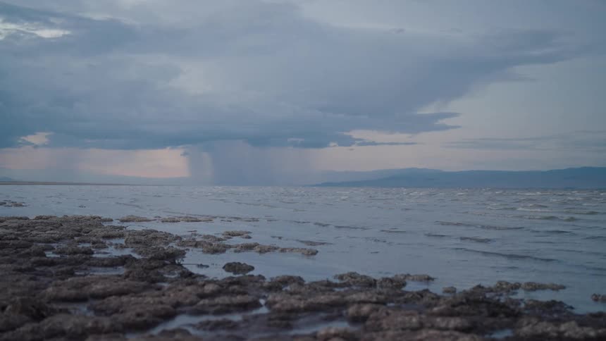 Rocks along the coast as waves roll into shore