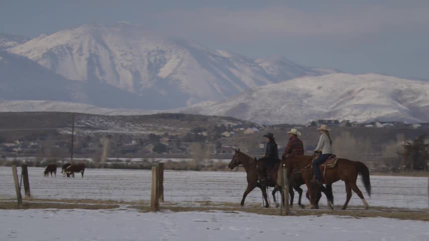 Riders move through a snowy field beside a wooden fence with mountains in the background