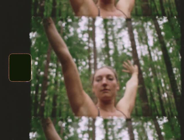 This is a stylized shot with a vertical splitscreen effect showing three overlapping staggered views of the same scene it captures a person performing slow graceful arm movements against a lush talltree forest backdrop with a vintage film