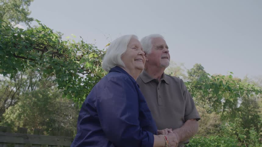 A senior couple holds hands in a sunny garden beneath a vine covered trellis